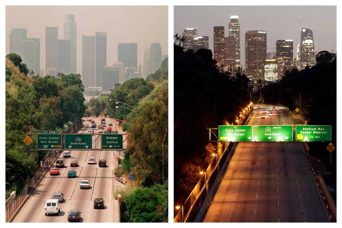 This combination of July 1998 and April 2020 photos shows a difference in smog levels above the Los Angeles skyline, with California Highway 110 in the foreground. With climate change, plastic pollution and a potential sixth mass extinction, humanity has made some incredible messes in the world. But when people, political factions and nations have pulled together, they have also cleaned up some of those human-caused environmental problems.  (NICK UT)