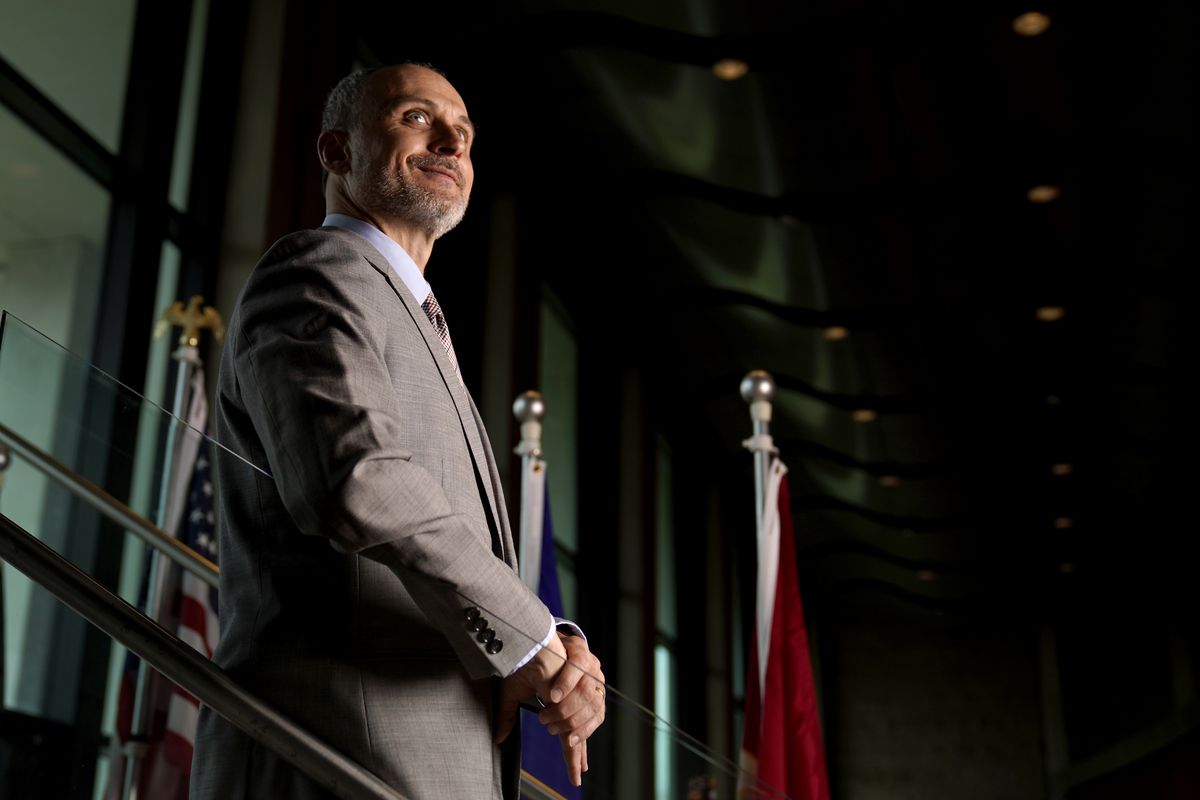 Kenneth Trzaska, President of Lewis &amp; Clark Community College, poses for a photo on the college's campus Dec. 15, 2021, in Godfrey, Ill. The small Illinois school canceled classes for days after a ransomware attack last month that knocked critical computer systems offline.  (Jeff Roberson)