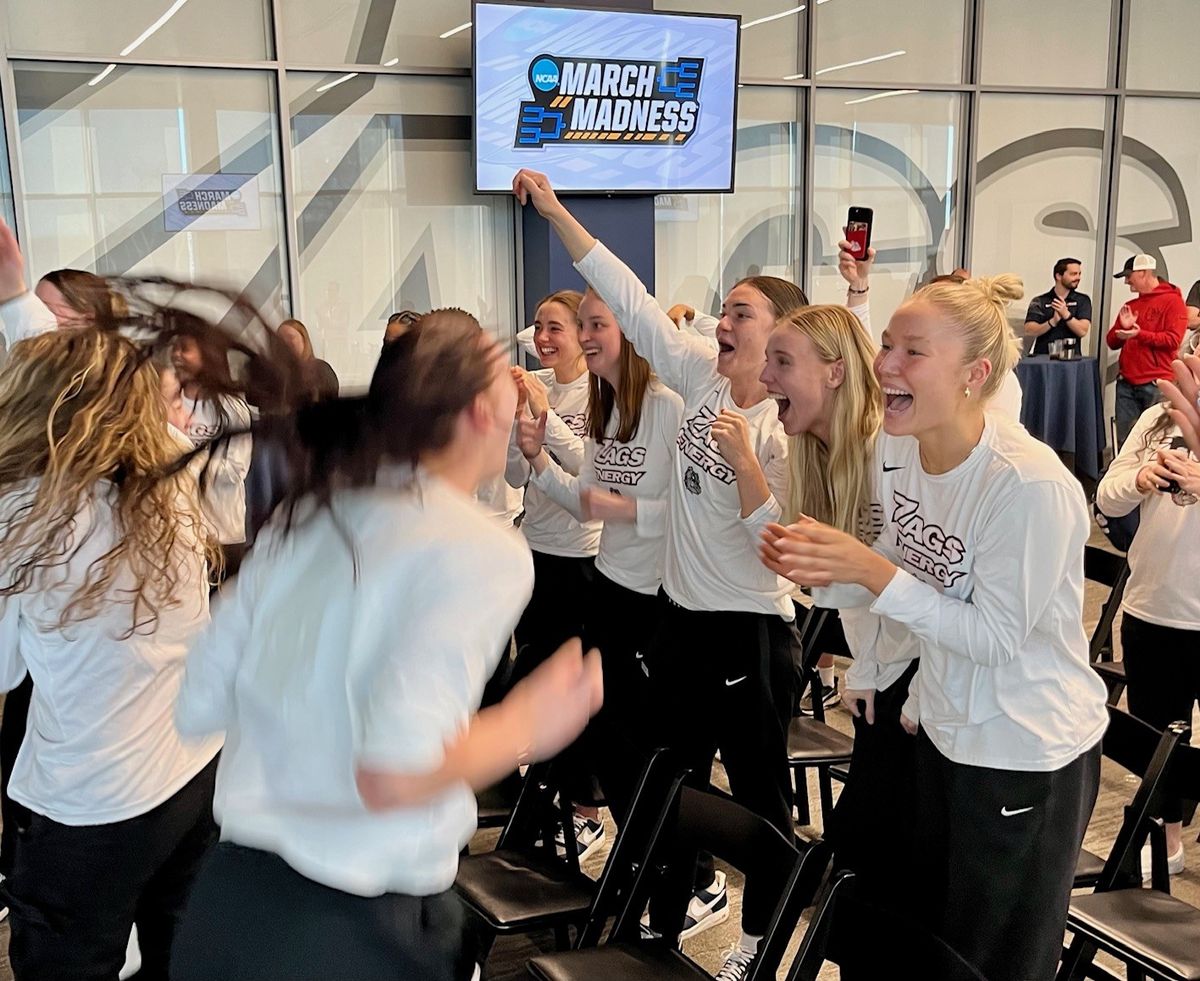 The Gonzaga women’s basketball team celebrates Sunday after learning it will host the first two rounds.  (By Jim Allen/For The Spokesman-Review)