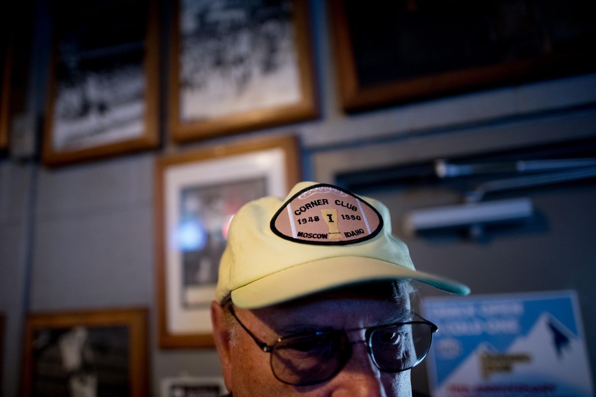 Former Corner Club owner Dave "Hondo" Goetz shows off his Corner Club hat during a watch party for Jerry Kramer