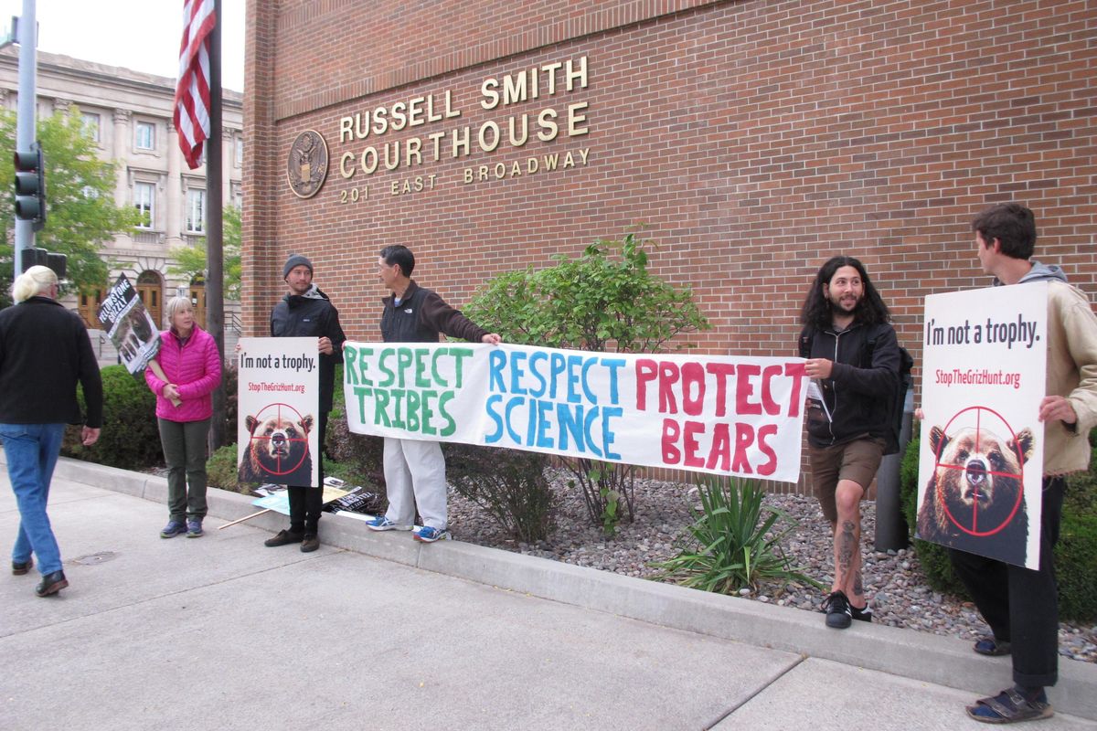 A small group of grizzly bear advocates protest outside the U.S. District Court in Missoula, Montana, on Thursday, Aug. 30, 2018. Wildlife advocates pressed a Montana judge Thursday to restore federal protections for a group of about 700 grizzly bears and block hunting that’s set to begin this weekend, but the judge said he would not make an immediate ruling. (Matt Volz / Associated Press)