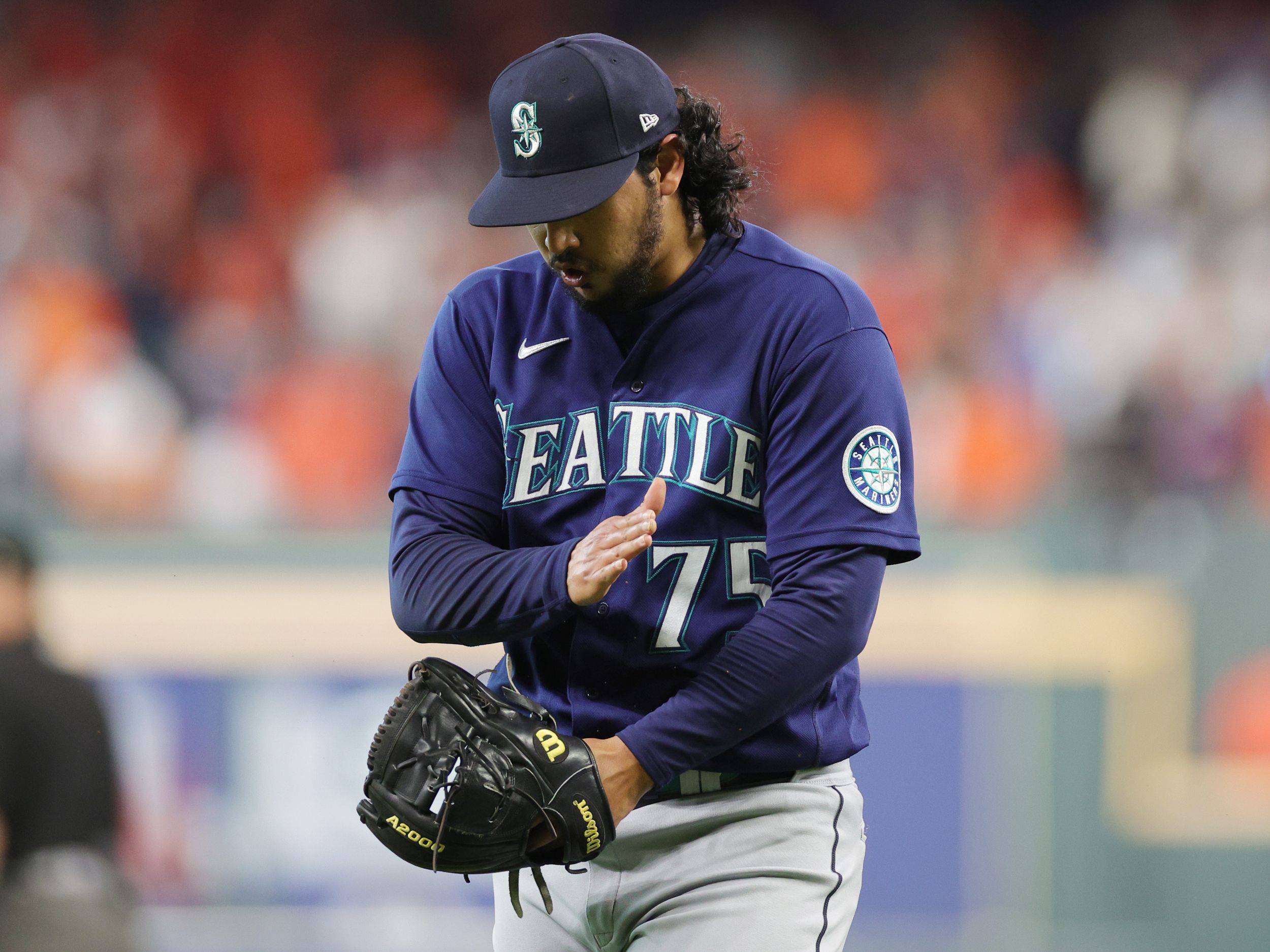 Seattle Mariners starting pitcher George Kirby reacts after giving up  News Photo - Getty Images