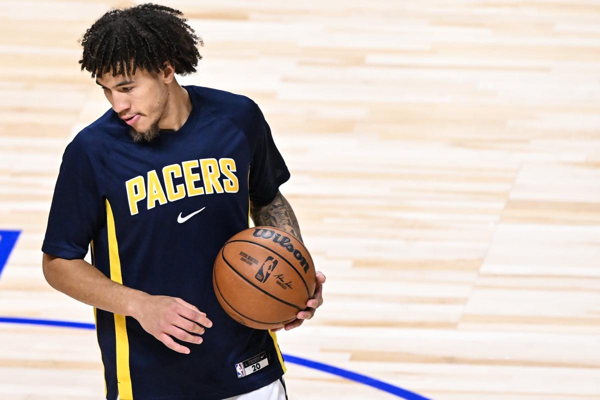 Indiana Pacers guard Jalen Warley (20) warms up during a Summer League matchup against the Toronto Raptors on Monday, Jul 13, 2026, at the Thomas & Mack Center in Las Vegas, Nev. (Tyler Tjomsland / The Spokesman-Review)
