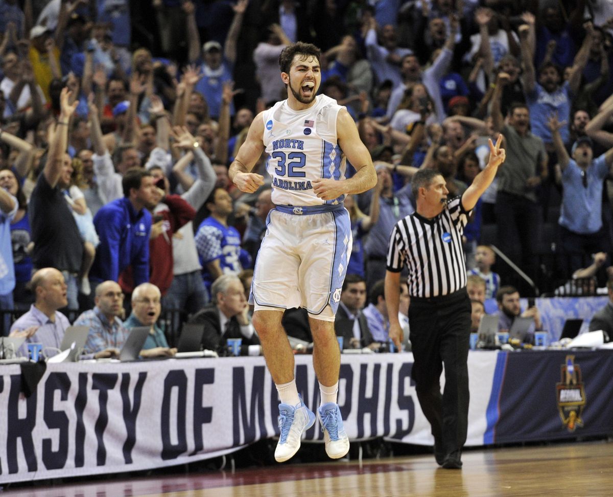 North Carolina forward Luke Maye celebrates after shooting the winning basket in the second half of the South Regional final game against Kentucky in the NCAA college basketball tournament. (Brandon Dill / AP)