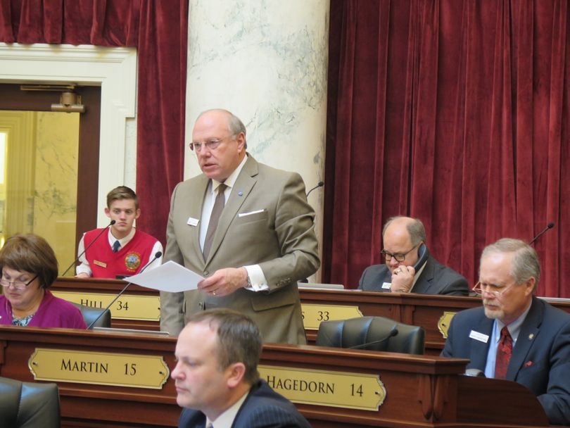 Sen. Fred Martin, R-Boise, argues in favor of HB 250, the bill repealing an invalidated anti-abortion law, in the Idaho Senate on Monday, March 20, 2017. (Betsy Z. Russell)