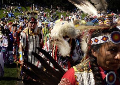
Hundreds of Native Americans gather for the 16th annual Spokane Falls Northwest Indian Encampment and Powwow on Saturday at Riverfront Park. 
 (Jed Conklin / The Spokesman-Review)