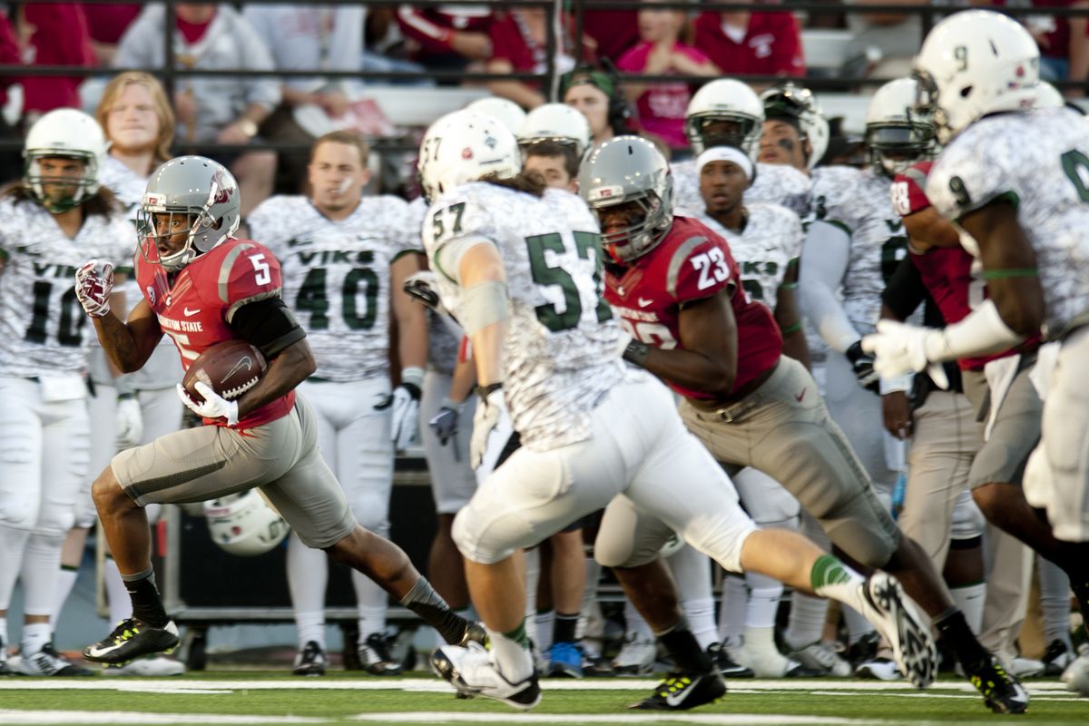 WSU’s Rickey Galvin provided a spark on special teams with a 44-yard punt return against Portland State on Saturday in Cougars’ 2014 Martin Stadium opener. (Tyler Tjomsland)