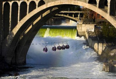 
Spring runoff flowing over the Spokane Falls was moving at 19,100 cubic feet per second on Friday. 
 (Colin Mulvany / The Spokesman-Review)