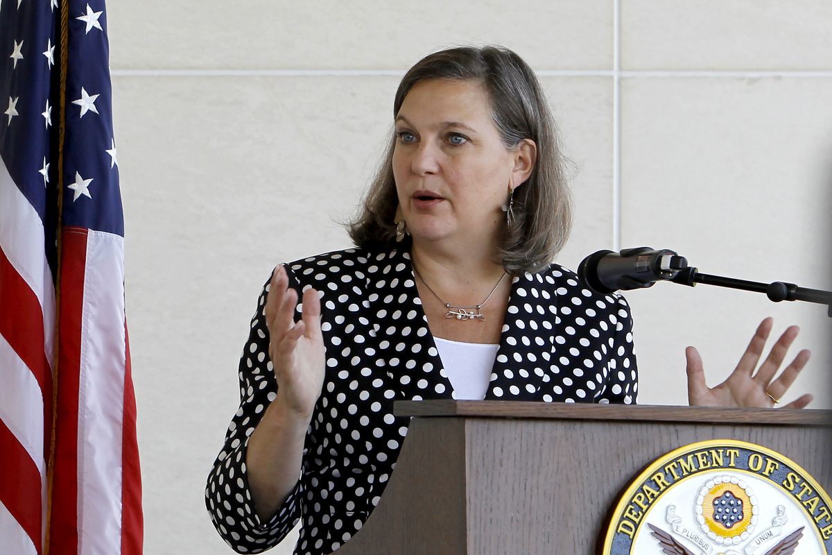 FILE - In this July 11, 2016, file photo U.S. Assistant Secretary of State for European and Eurasian Affairs Victoria Nuland talks to the media at a news conference at the U.S. Embassy in Skopje, Macedonia. The United States and Germany have reached a deal that will allow the completion of a controversial Russian gas pipeline to Europe without the imposition of further U.S. sanctions, a senior U.S. official said Wednesday, July 21, 2021. Under Secretary of State for Political Affairs Victoria Nuland told Congress that the two governments would shortly announce details of the pact that is intended to address U.S. and eastern and central European concerns about the impact of the Nord Stream 2 project.  (Boris Grdanoski)