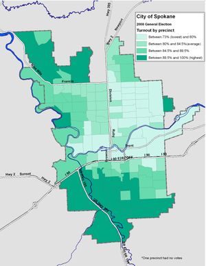 This is a map of turnout in the 2008 general election in the City of Spokane, prepared on 11-16-2009 for Spin Control.