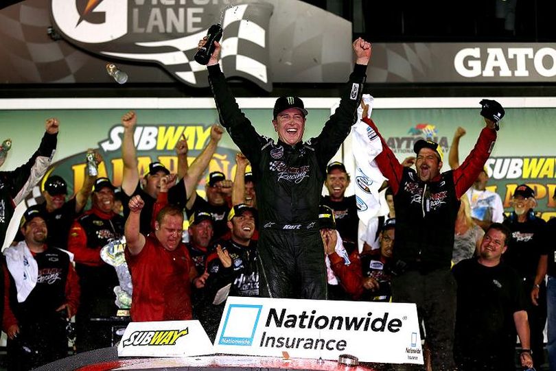 Kurt Busch, driver of the No. 1 HendrickCars.com Chevrolet, celebrates in Victory Lane after winning the NASCAR Nationwide Series Subway Jalapeno 250 Powered by Coca-Cola at Daytona International Speedway on Friday in Daytona Beach, Fla. (Photo Credit: Mike Ehrmann/Getty Images) (Mike Ehrmann / Getty Images North America)