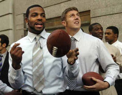NFL draft prospects Braylon Edwards, a wide receiver from Michigan, and University of Utah quarterback Alex Smith, right, are two of the players the 49ers are considering with the first overall pick.
(Associated Press / The Spokesman-Review)