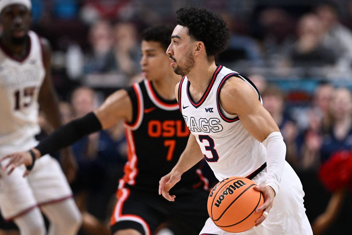 Gonzaga Bulldogs guard Braeden Smith (3) moves the ball into the paint against the Oregon State Beavers during the second half of a WCC Tournament men’s semifinal basketball game on Monday, Mar 9, 2026, at the Orleans Arena in Las Vegas, Nev. The Gonzaga Bulldogs won the game 65-56.  (Tyler Tjomsland/The Spokesman-Review)