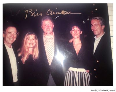Former U.S. President Bill Clinton, Ghislaine Maxwell and late financier and convicted sex offender Jeffrey Epstein pose in this handout image released from Epstein's estate by Democrats on the House Oversight Committee in Washington, D.C., on Dec. 12, 2025.  (House Oversight Committee Democrats)