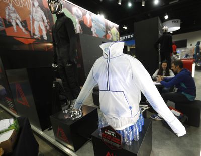A Polartec Power Fill jacket is on display at the company’s booth at the opening of the Outdoor Retailers and Snow Show in the Colorado Convention Center Thursday, Jan. 25, 2018 in Denver. (David Zalubowski / Associated Press)