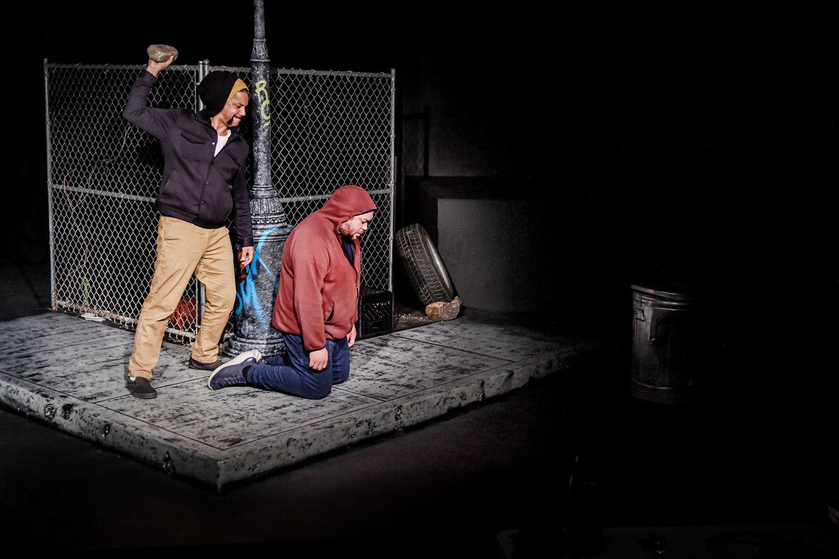 “Pass Over” actors Dahveed Bullis, right, and Matt Slater rehearse on May 24, 2022 at Stage Left Theater in Spokane. Actor Danny Anderson will join them in performing “Pass Over,” years later, at the Mondial du Théâtre International Festival in Monaco later this month. (KATHY PLONKA/The Spokesman-Review)