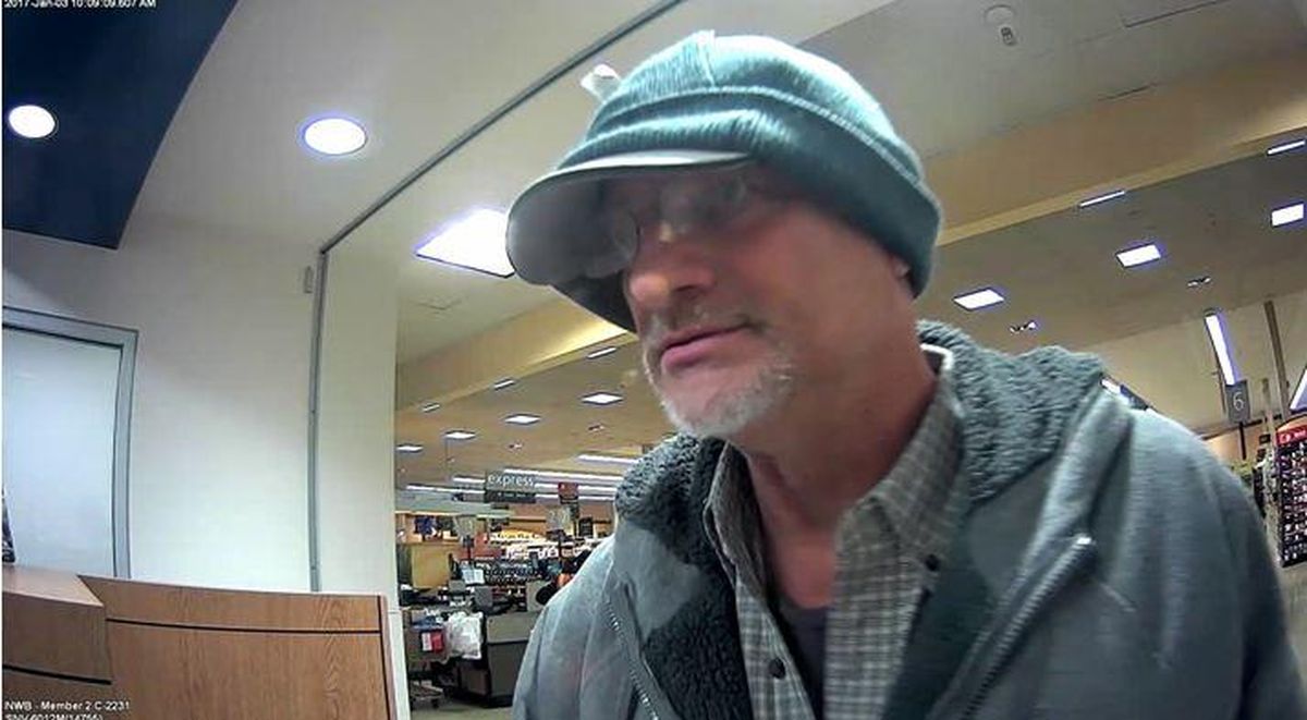 This man is suspected of robbing two credit unions in Spokane on Tuesday, Jan. 3, 2017. (Courtesy Spokane Police Department)