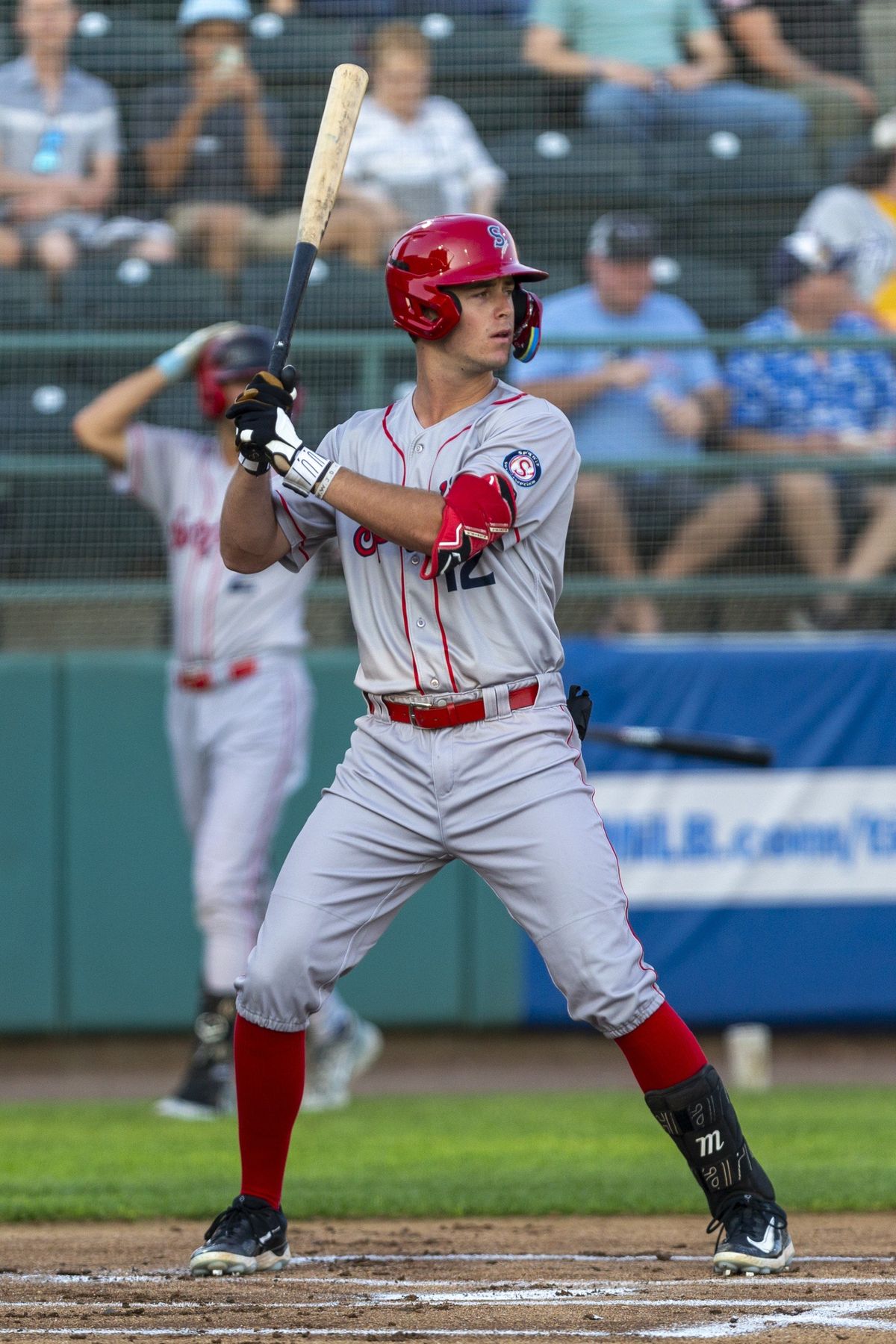 Charlie Condon, the Colorado Rockies No. 3 overall pick in the 2024 MLB Draft, steps in for his first professional at-bat with the Spokane Indians against the Tri-City Dust Devils on Tuesday, Aug. 6, 2024 at Gesa Stadium in Pasco, Wash.  (Cheryl Nichols/For The Spokesman-Review)