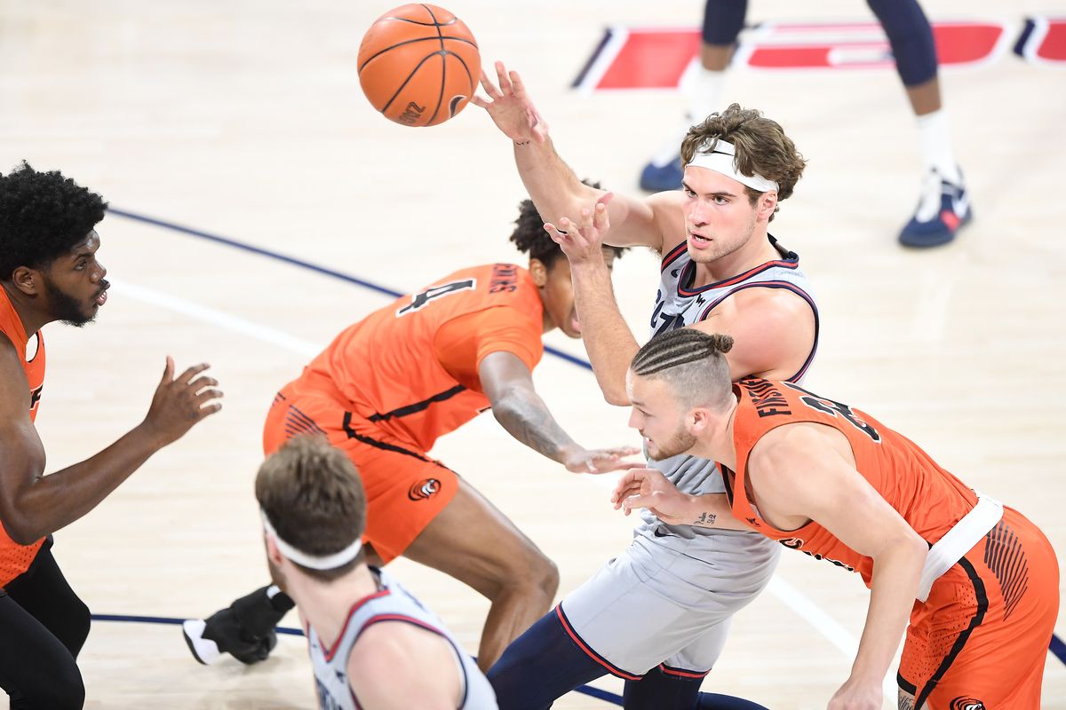 Gonzaga Bulldogs forward Corey Kispert (24) passes the ball against the Pacific Tigers during the first half of a college basketball game on Saturday, January 23, 2021, at McCarthey Athletic Center in Spokane, Wash. Gonzaga led 52-21 at the half.  (Tyler Tjomsland/THE SPOKESMAN-RE)