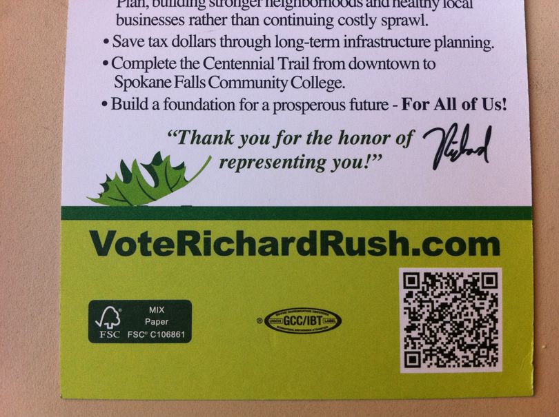 Spokane City Councilman Richard Rush's new campaign flier, which is being left at front doors this month, has a cellphone bar code that links to a YouTube campaign video. (Jonathan Brunt)