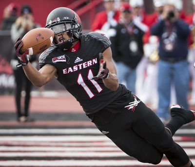 Eastern Washington wide receiver Kendrick Bourne makes a 34-yard touchdown reception against Montana on Saturday. (Colin Mulvany)