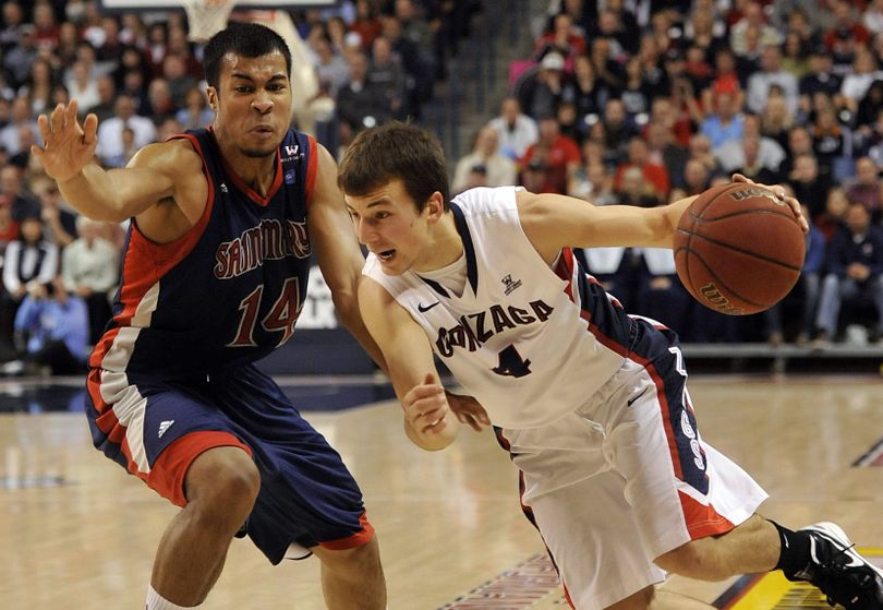 Gonzaga freshman guard Kevin Pangos, who scored 27 points, blasts past Stephen Holt of Saint Mary’s in the first half. (Dan Pelle)
