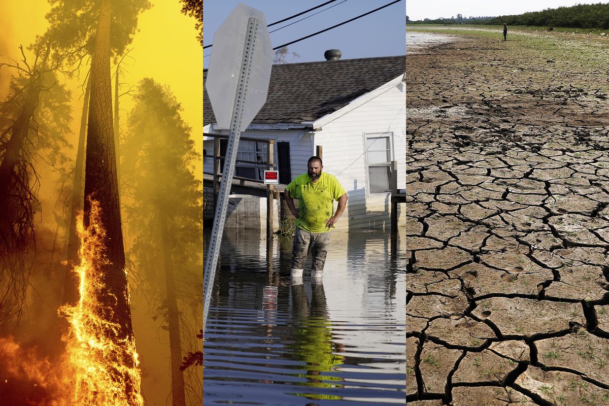 This combination of 2020-2021 photos shows a burning tree in Sequoia National Forest, Calif.; Nathan Fabre, whose home and boat were destroyed by Hurricane Ida in Lafitte, La.; and the cracked, dry bottom of the Cerro Lagoon during an extended drought in Limpio, Paraguay. Climate change is fueling heat waves, flooding, drought and nastier tropical cyclones.  (Noah Berger, John Locher, Jorge Saenz)