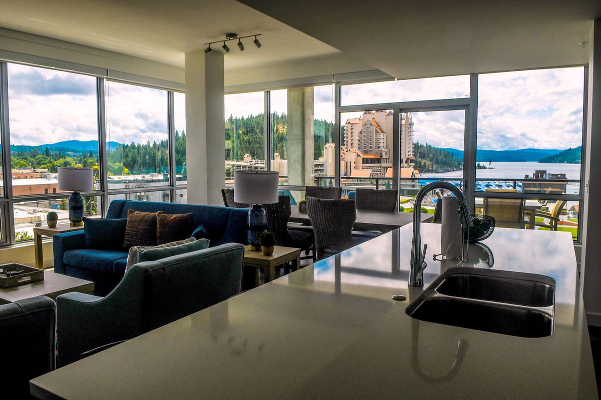 The front room at One Lakeside, a mixed-use high-rise that opened last month in Coeur d’Alene, provides a panoramic view of downtown and the lakefront.  (Kathy Plonka/The Spokesman-Review)