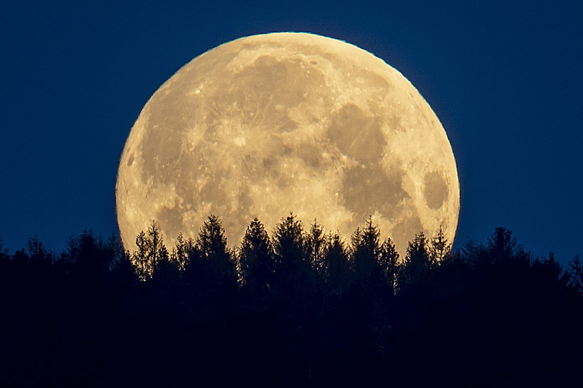 FILE - In this Thursday, May 7, 2020 file photo, the full moon sets behind trees in the Taunus region near Frankfurt, Germany. The European Space Agency, ESA, national counterparts and private companies are presenting their vision Thursday to put satellites in orbit around the moon, to make future missions to Earth