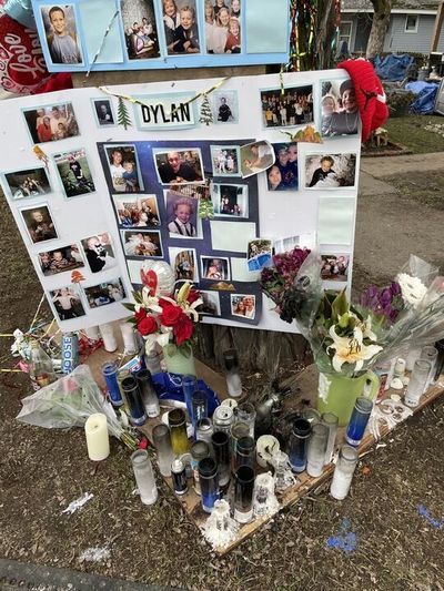 A memorial for 30-year-old Dylan McCorkle is seen Friday, Feb. 9, 2024, outside a North Hamilton Street home in Spokane. McCorkle was shot and killed Feb. 2 outside the home.   (Garrett Cabeza / The Spokesman-Review)