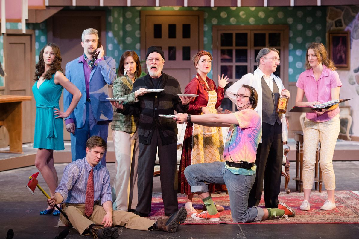 The cast of “Noises Off!” pose for a photo on Monday, March 27, 2017, at the Spokane Civic Theatre in Spokane. (Photos by Tyler Tjomsland / TYLER TJOMSLAND The Spokesman-Review)