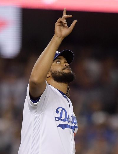 Los Angeles Dodgers relief pitcher Kenley Jansen gestures after the Dodgers defeated the Arizona Diamondbacks 3-1 in a baseball game Friday, Aug. 31, 2018, in Los Angeles. (Mark J. Terrill / Associated Press)