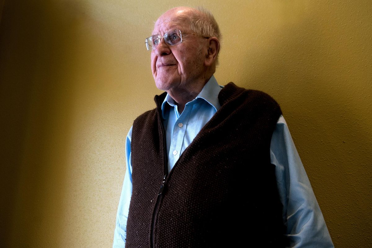 Bill Luke, 94, talks about his experience during D-Day, when he served with the 336th Engineer Combat Battalion, during an interview at Fairwinds Retirement Home in Spokane on Wednesday, May 29, 2019. (Kathy Plonka / The Spokesman-Review)