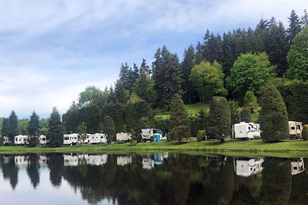 Pleasant Lake RV Park in Bothell takes in a scenic wetlands area, with towering evergreens. (John Nelson)