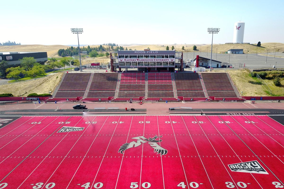 The EWU Eagles play on the red turf at Roos Field, shown Friday, Sept. 1, 2017. (Jesse Tinsley / The Spokesman-Review)