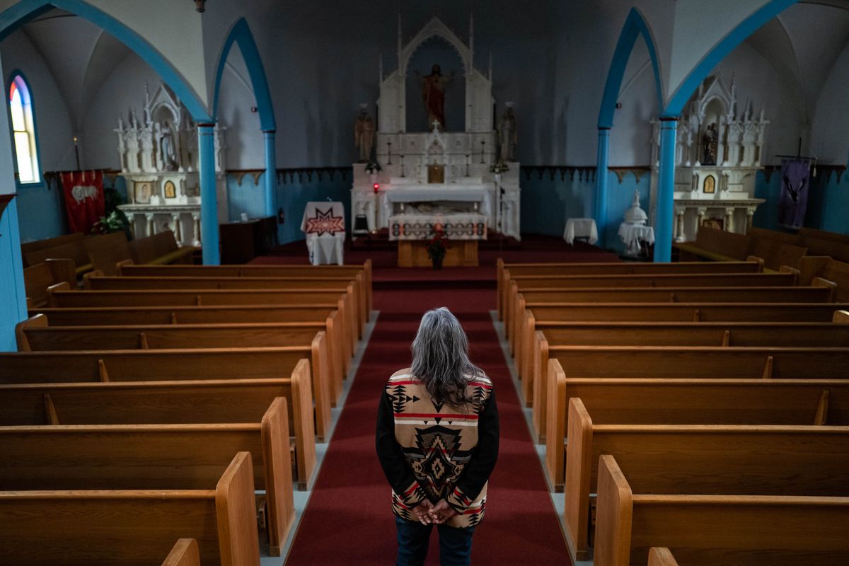 Clarita Vargas, 64, one of the survivors of St. Mary’s Mission, an Indian boarding school, stands in the St. Mary’s church on the Colville Reservation on Feb. 20 in Omak, Wash. MUST CREDIT: Salwan Georges/The Washington Post  (Salwan Georges/The Washington Post)