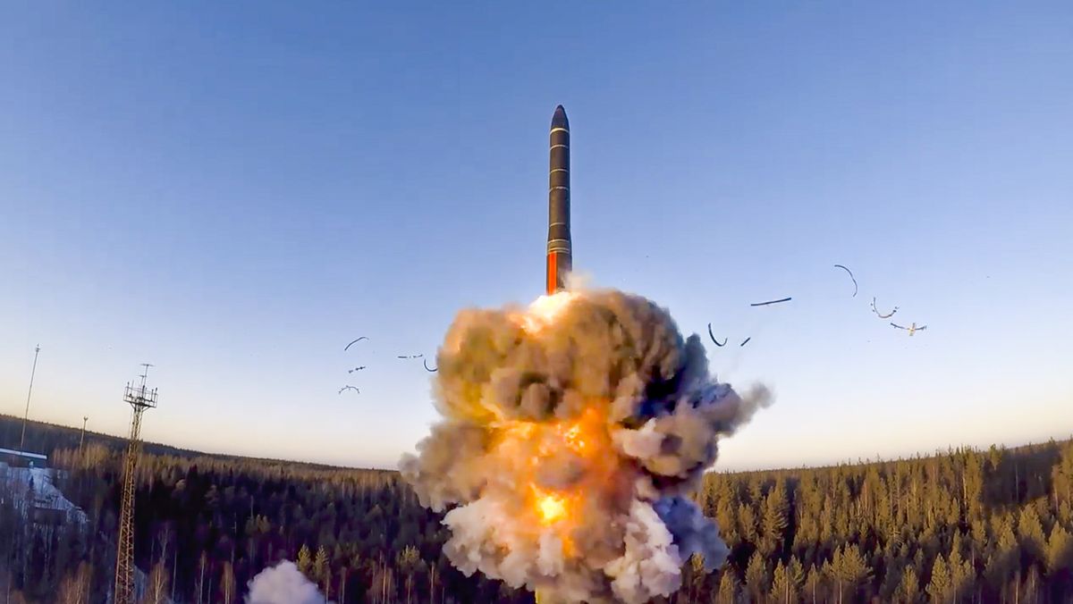 FILE - In this file photo taken from a video distributed by Russian Defense Ministry Press Service, on Wednesday, Dec. 9, 2020, a rocket launches from missile system as part of the drills, a ground-based intercontinental ballistic missile was launched from the Plesetsk facility in northwestern Russia. Russia