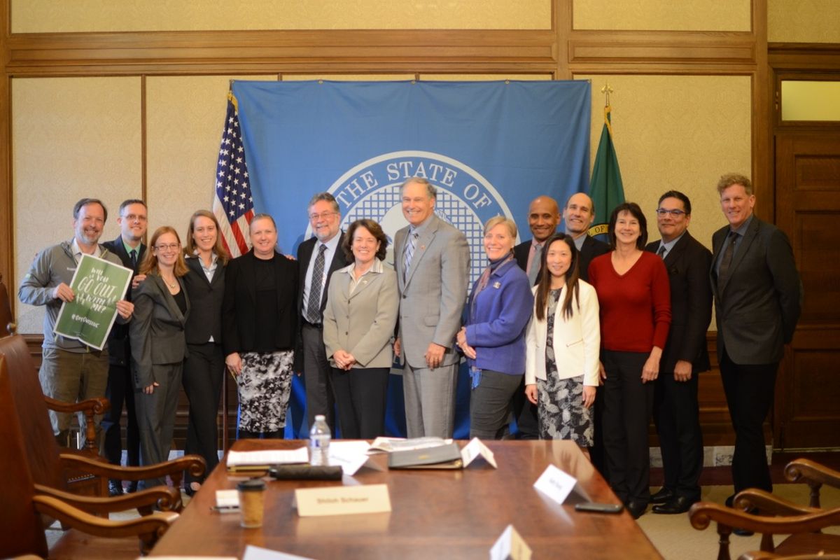 Bob Whittaker (right) of the Ferry County Rail Trail Partners joined Washington state recreation leaders in a meeting with  Gov. Jay Inslee in the last week of November 2016. (Courtesy)