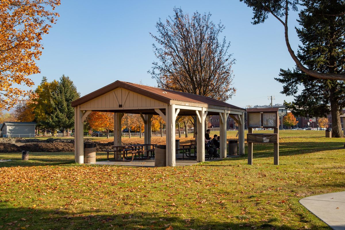 The picnic shelter at Browns Park in Spokane Valley is seen last fall. The Spokane Valley Parks Master Plan includes demolishing the picnic shelter on the south edge and building a new and larger structure on the north side of the park near the sand volleyball courts. (Libby Kamrowski / The Spokesman-Review)