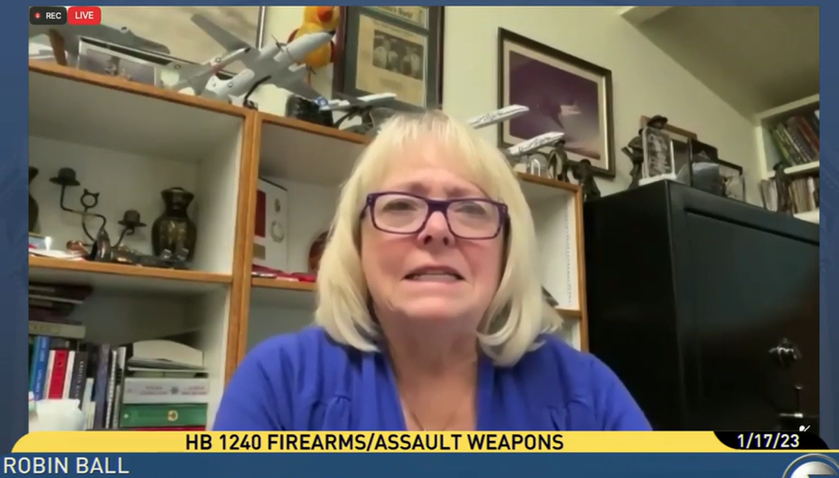 Robin Ball, founder of Sharpshooting Indoor Range in Spokane testifies against a proposed ban on assault weapons at a Washington House of Representatives committee hearing on Tuesday, Jan. 17, 2023.  (TVW)