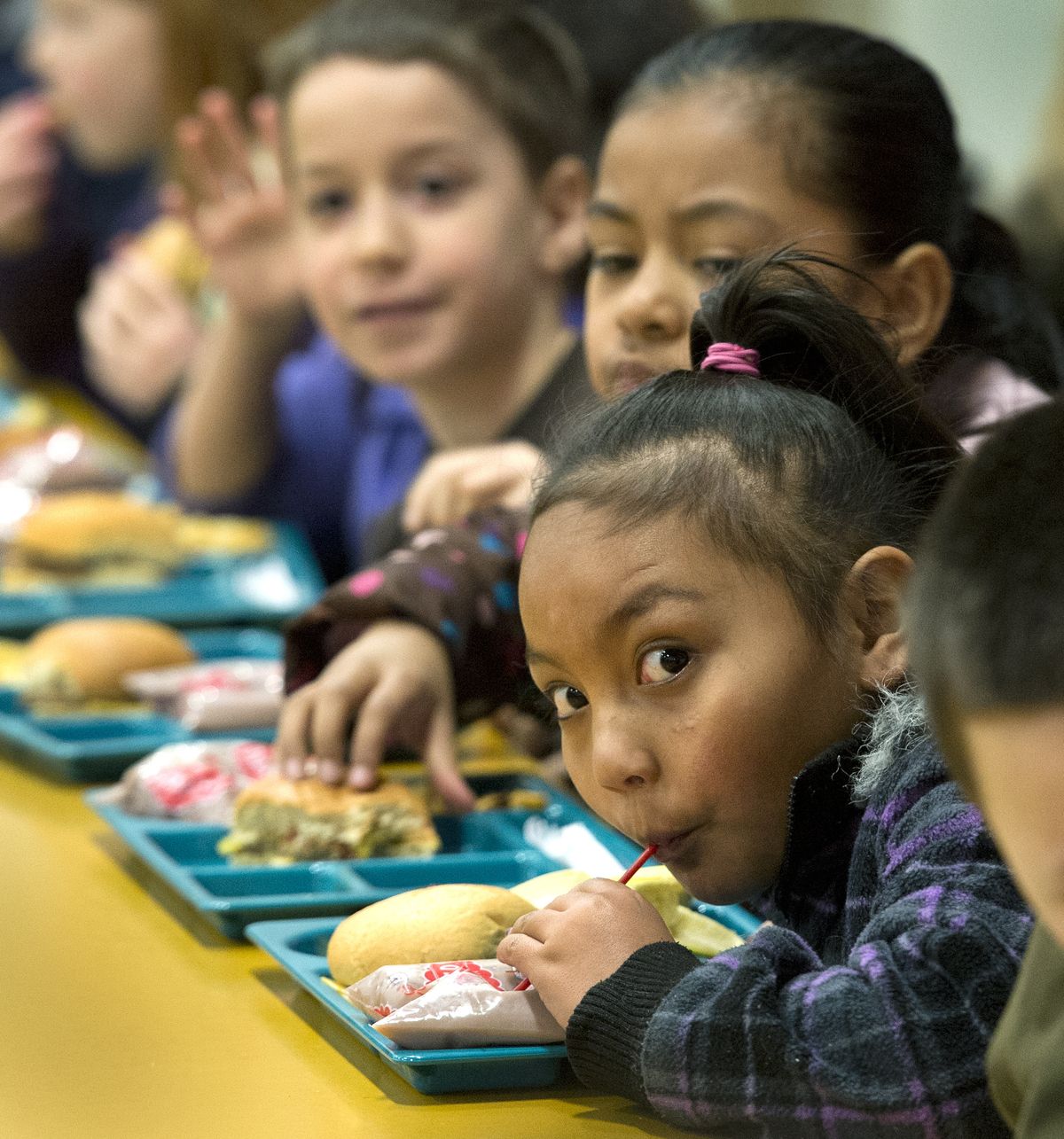 Garfield Elementary School second-grader Angel Cruz-Bear sips milk during lunch on Tuesday. New requirements in the National School Lunch Program include healthier foods and more choices. (Dan Pelle)