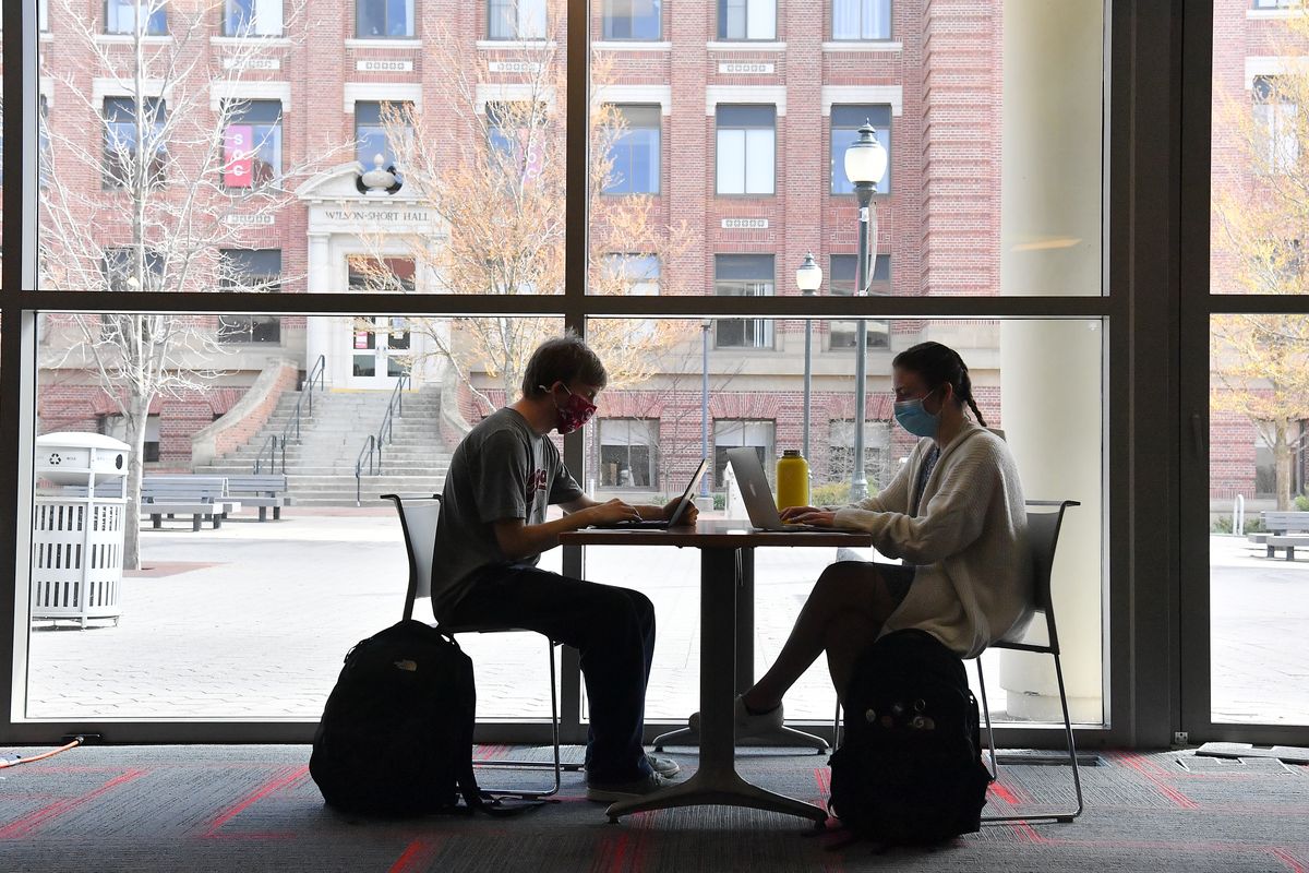 Ben Schreck, a WSU freshman studying management information systems, left, and his sister Rachel Schreck, a WSU senior studying food sciences study together while adhering to strict Covid-19 guidelines on Thursday, April 15, 2021, at the Compton Student Union Building on WSU's campus in Pullman, Wash.  (Tyler Tjomsland/The Spokesman-Review)