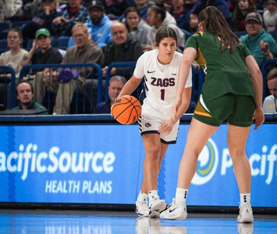 Gonzaga guard Paige Lofing sizes up San Francisco’s defense during a West Coast Conference game on Jan. 15 at McCarthey Athletic Center.  (Courtesy of Gonzaga Athletics)