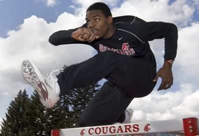 Washington State hurdler and wide receiver Jeshua Anderson practices going over a hurdle during practice Wednesday, April 9, 2008, at in Pullman, Wash. Anderson who is expected to be a key component in the WSU football team's offense next fall, also plans to compete in the Olympic Trials. TYLER TJOMSLAND The Spokesman Review (Tyler Tjomsland / The Spokesman-Review)