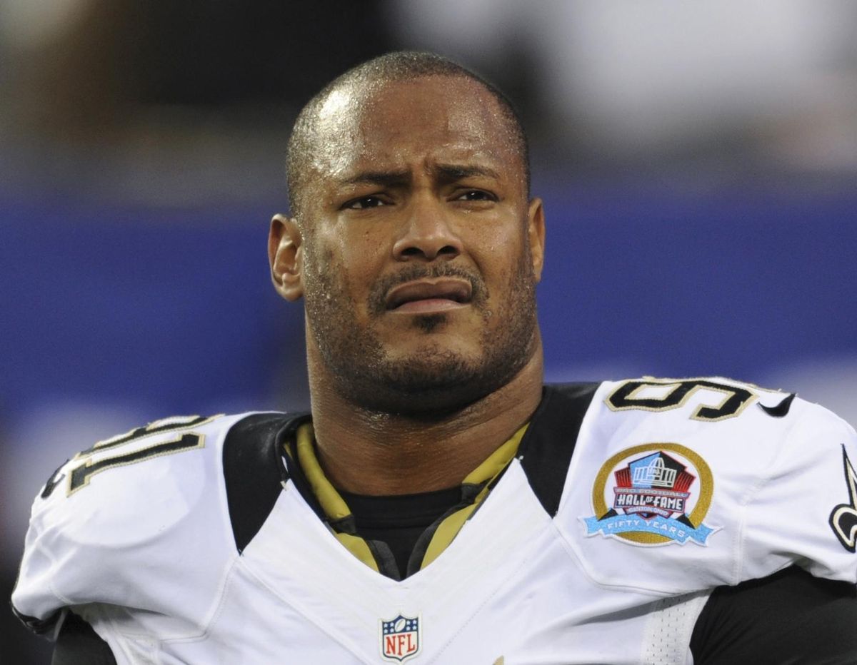 In this Dec. 9, 2012, file photo, New Orleans Saints defensive end Will Smith appears before an NFL football game against the New York Giants in East Rutherford, N.J. Cardell Hayes, the man who killed Smith in an argument following a traffic crash avoided a mandatory life sentence when a jury convicted him of manslaughter instead of second-degree murder. But Hayes may still be locked away for a very long time if prosecutors get their way at a sentencing hearing Wednesday, April 19, 2017. (Bill Kostroun / Associated Press)