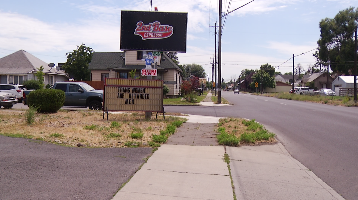 2nd Base Espresso, 3001 E. Sanson Ave., on Tuesday displayed a transphobic sign that also used a slur toward people who have intellectual disabilities. (Courtesy)