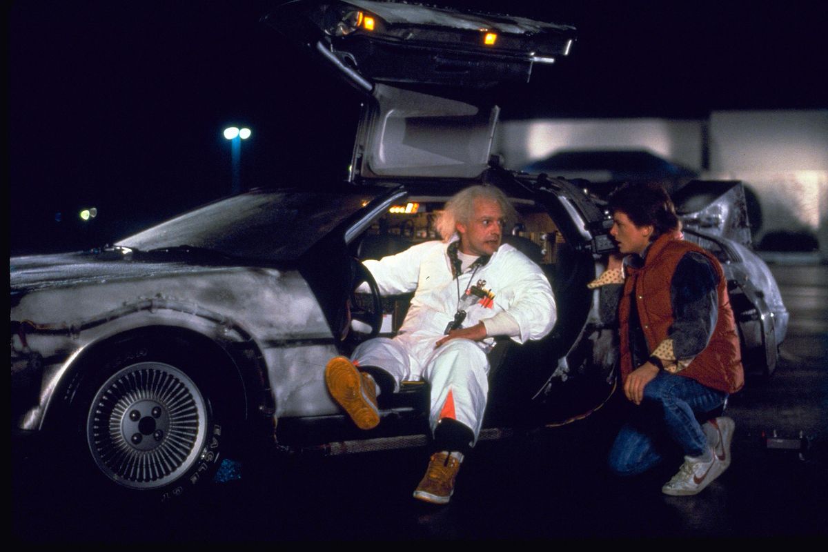 This photo provided by Universal Pictures Home Entertainment shows Christopher Lloyd, left, as Dr. Emmett Brown, and Michael J. Fox as Marty McFly in the 1985 film, “Back to the Future.” A federal court on Oct. 12, 2018, dismissed a lawsuit brought by the widow of automaker John DeLorean over royalties stemming from the “Back to the Future” movies. (AP)