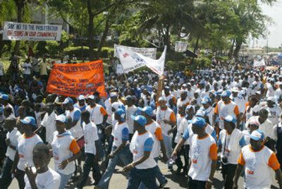 
Liberians march in Monrovia as part of a global anti-hunger march on Sunday.  
 (Associated Press / The Spokesman-Review)