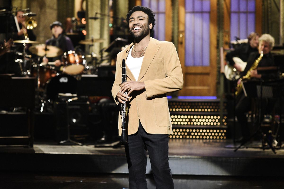 This image released by NBC shows Donald Glover during his opening monologue on “Saturday Night Live.” Glover was nominated for an Emmy for outstanding guest actor in a comedy series. The 70th Emmy Awards will be held on Monday, Sept. 17. (Will Heath / Associated Press)