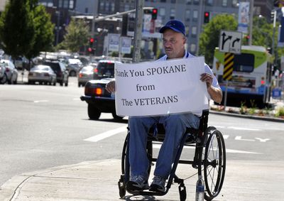 Ritchie Cross, of Sugar Hill, Ga.,  thanks the people of Spokane for their generosity to the athletes participating in the  Veterans Wheelchair Games. (Dan Pelle / The Spokesman-Review)